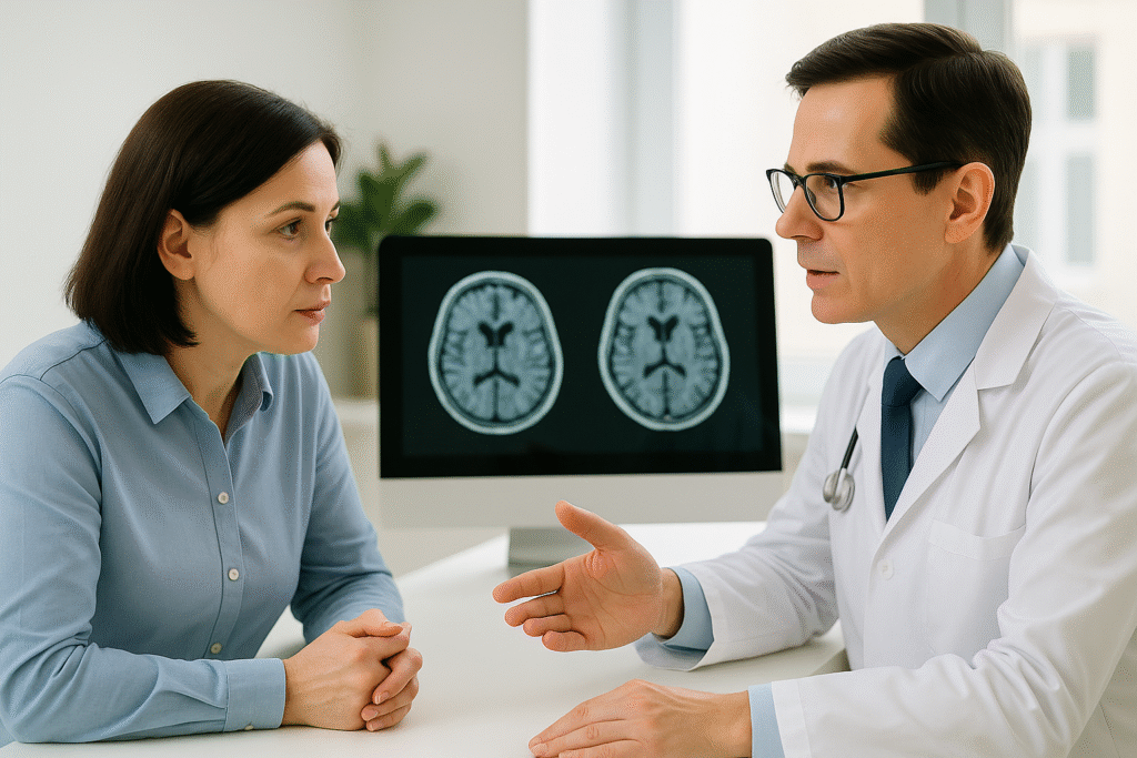 A female Patient is consulting with a radiologist